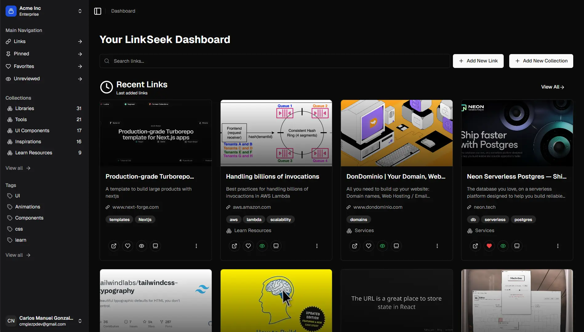 LinkSeek Dashboard - Organize your links visually with collections, tags, and markdown notes