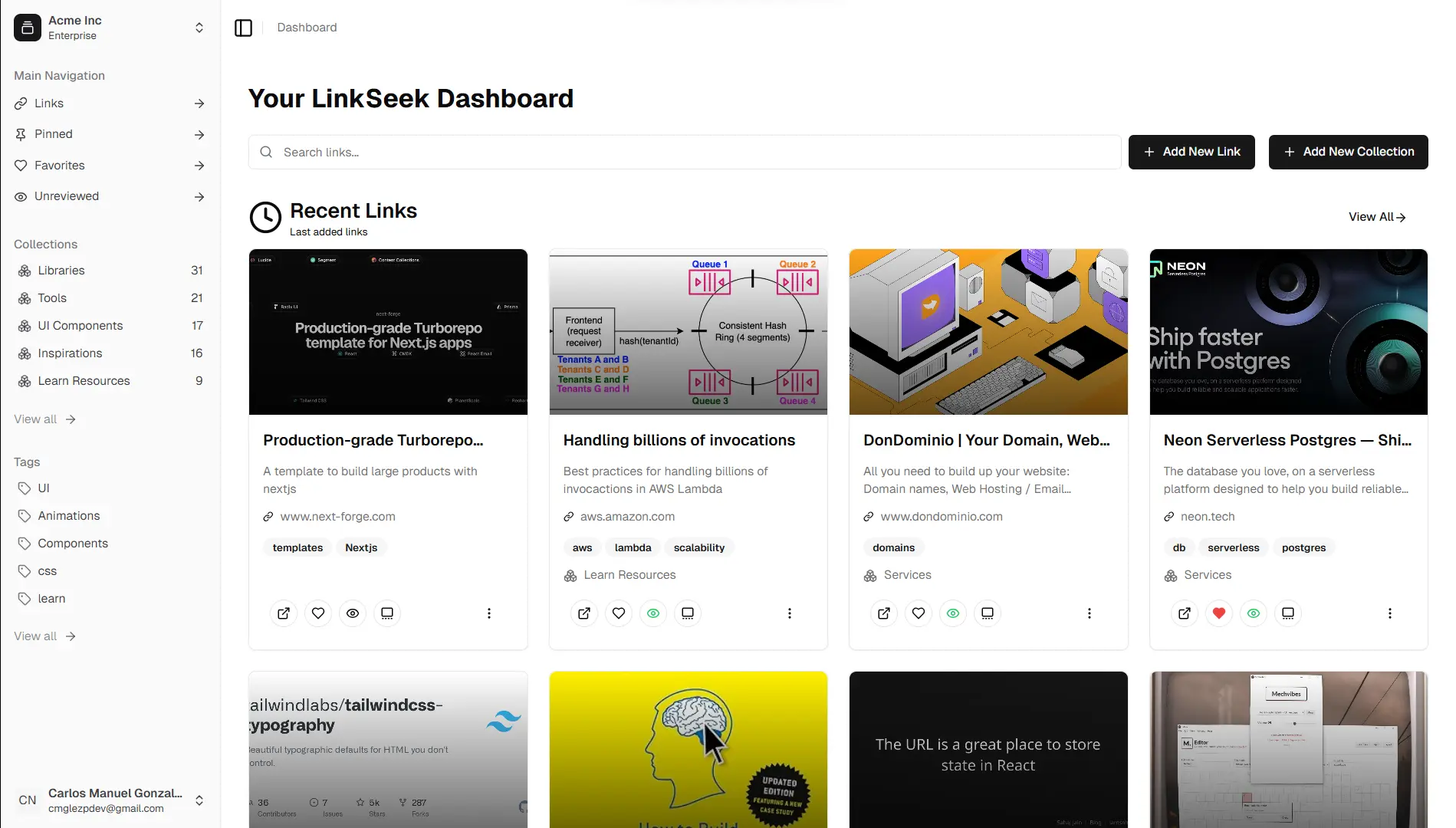 LinkSeek Dashboard - AI-powered link management with smart search, auto-tagging, and intelligent organization